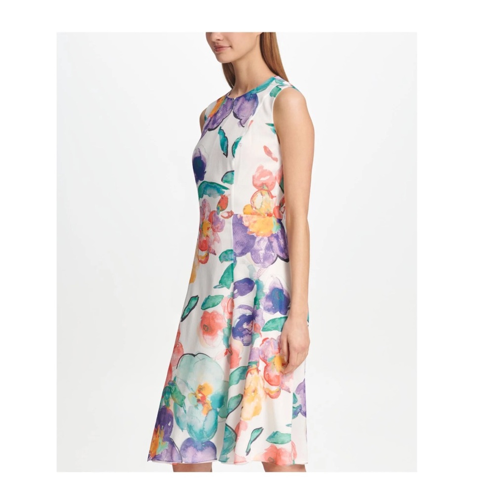 DKNY Womens White Floral 
Sleeveless Jewel Neck Midi Party dress 10